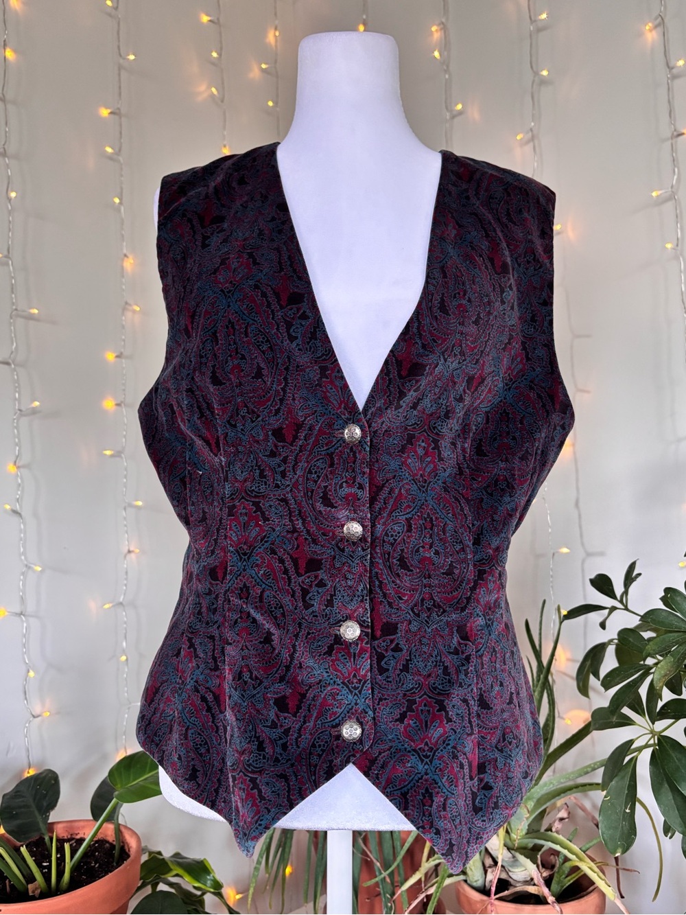 Vintage 80s Paisley Velvet Vest Teal Burgundy Button Front